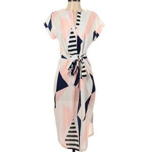 Blogger Fave TEMOFON Abstract Geometric Midi Shirt Dress Size M White Blue Pink